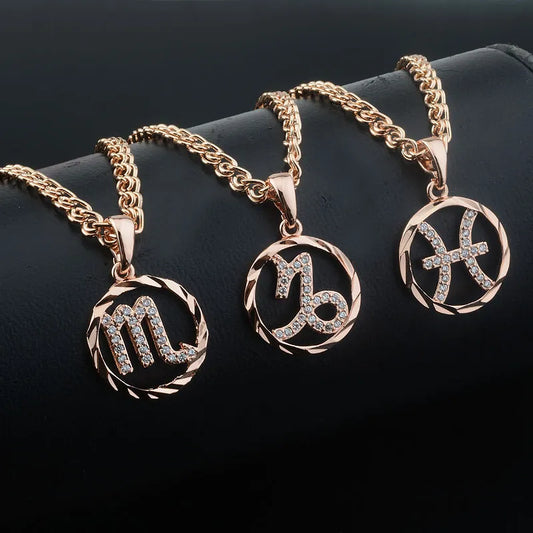 New Zodiac Sign Rose Gold Color Round Constellation Aries/ Pisces/Leo Pendant +50 cm Chains Necklace